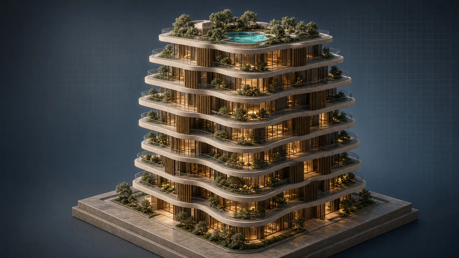 An architectural model of a luxury residence at dusk: offset travertine floors, bronze fins, planted terraces and a rooftop pool.